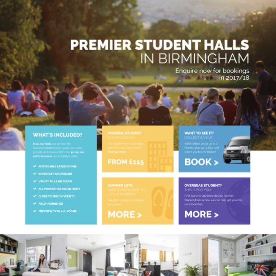 A preview of a DCI Digital website design for Premier Student Halls in Birmingham