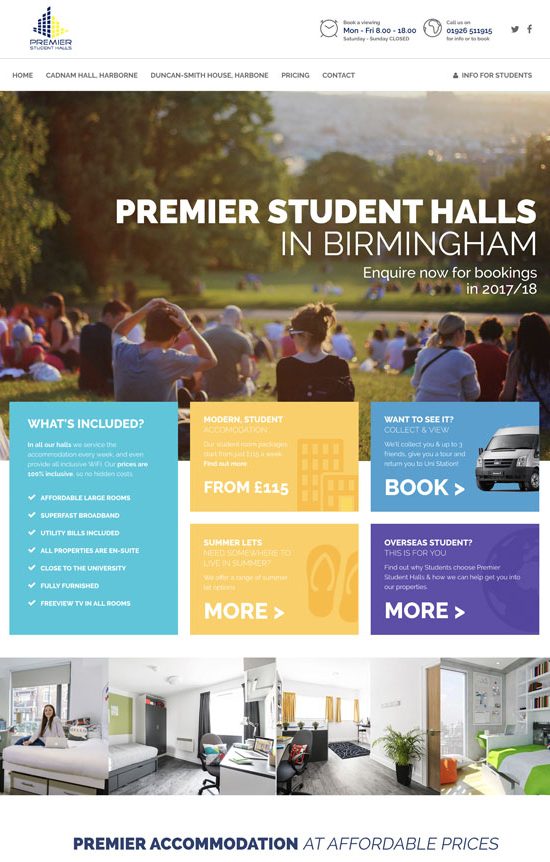 A preview of a DCI Digital website design for Premier Student Halls in Birmingham