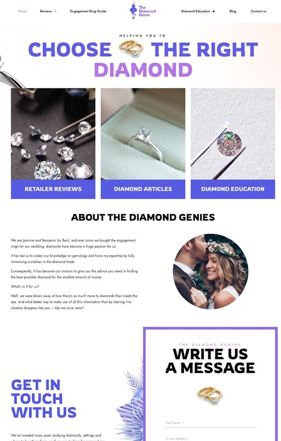 A preview of the web design DCI Digital created for The Diamond Genie